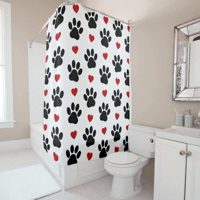 Pattern Of Paws, Dog Paws, Black Paws, Red Hearts Shower Curtain (In Situ)