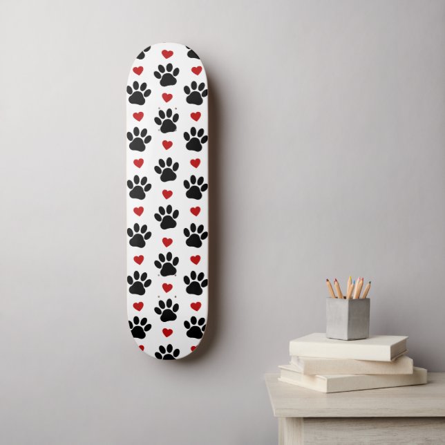 Pattern Of Paws, Dog Paws, Black Paws, Red Hearts Skateboard (Wall Art)