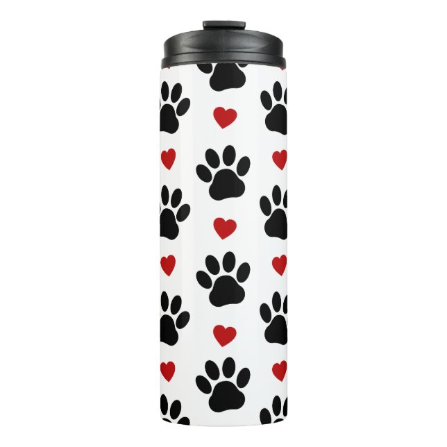 Pattern Of Paws, Dog Paws, Black Paws, Red Hearts Thermal Tumbler (Front)