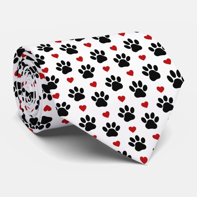 Pattern Of Paws, Dog Paws, Black Paws, Red Hearts Tie (Rolled)