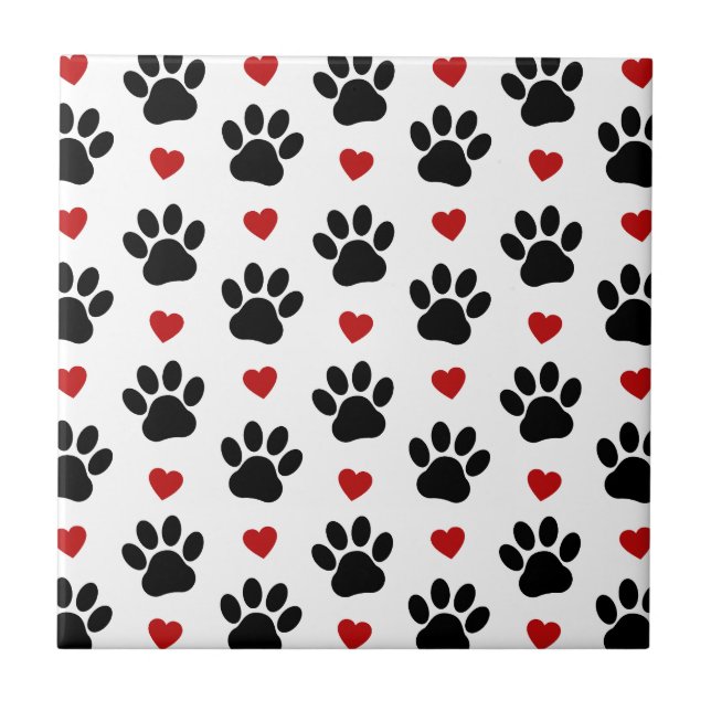 Pattern Of Paws, Dog Paws, Black Paws, Red Hearts Tile (Front)