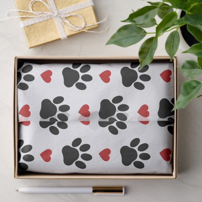 Pattern Of Paws, Dog Paws, Black Paws, Red Hearts Tissue Paper (Gift)