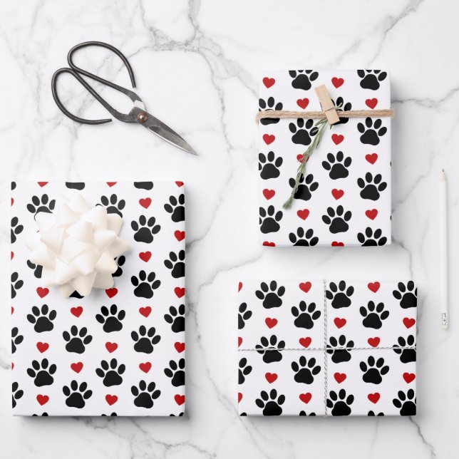 Pattern Of Paws, Dog Paws, Black Paws, Red Hearts Wrapping Paper Sheet (Front)