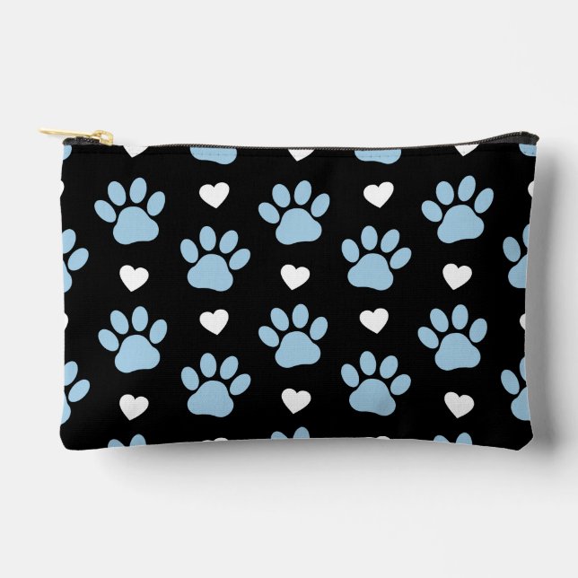 Pattern Of Paws, Dog Paws, Blue Paws, White Hearts Accessory Pouch (Front)