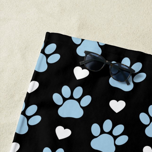 Pattern Of Paws, Dog Paws, Blue Paws, White Hearts Beach Towel (In Situ)