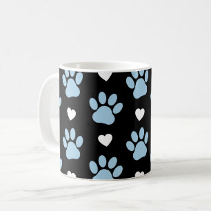 Pattern Of Paws, Dog Paws, Blue Paws, White Hearts Coffee Mug