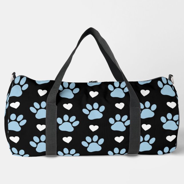 Pattern Of Paws, Dog Paws, Blue Paws, White Hearts Duffle Bag (Front)