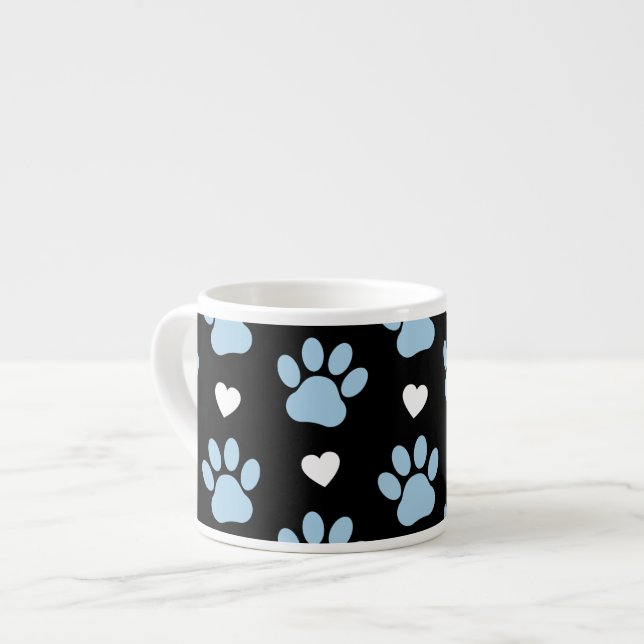 Pattern Of Paws, Dog Paws, Blue Paws, White Hearts Espresso Cup (Front Left)
