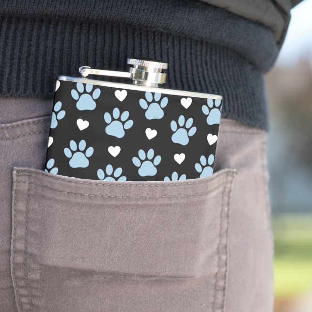 Pattern Of Paws, Dog Paws, Blue Paws, White Hearts Hip Flask (In Situ)