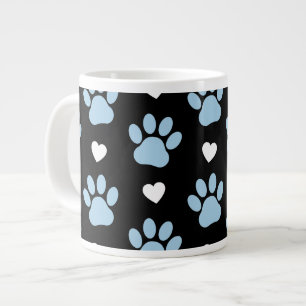 Pattern Of Paws, Dog Paws, Blue Paws, White Hearts Large Coffee Mug