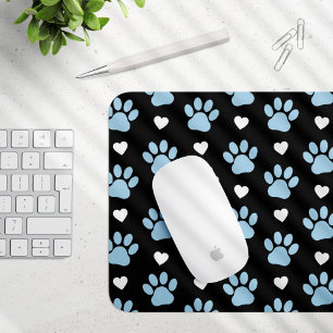 Pattern Of Paws, Dog Paws, Blue Paws, White Hearts Mouse Mat
