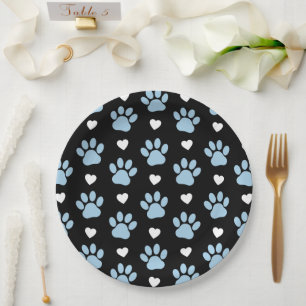 Pattern Of Paws, Dog Paws, Blue Paws, White Hearts Paper Plate