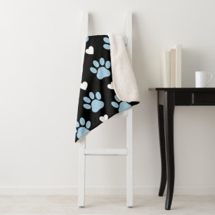 Pattern Of Paws, Dog Paws, Blue Paws, White Hearts Sherpa Blanket
