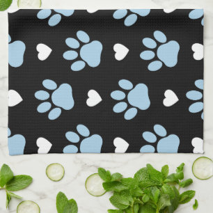 Pattern Of Paws, Dog Paws, Blue Paws, White Hearts Tea Towel
