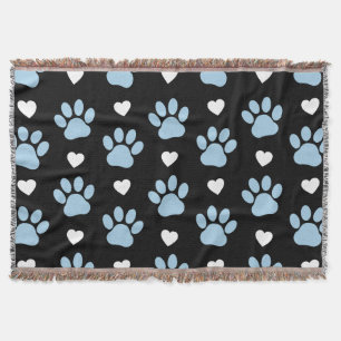 Pattern Of Paws, Dog Paws, Blue Paws, White Hearts Throw Blanket