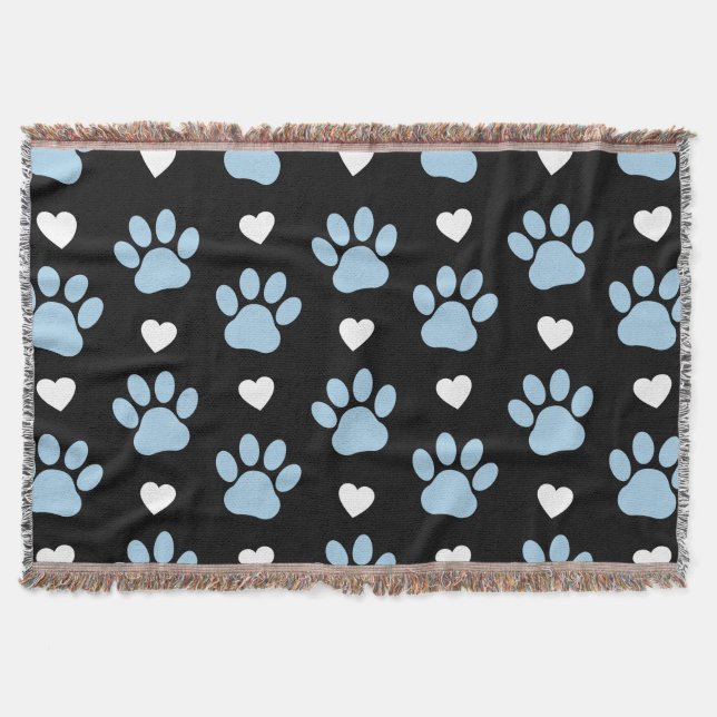 Pattern Of Paws, Dog Paws, Blue Paws, White Hearts Throw Blanket (Front)