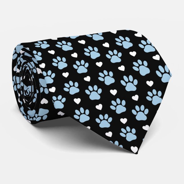 Pattern Of Paws, Dog Paws, Blue Paws, White Hearts Tie (Rolled)