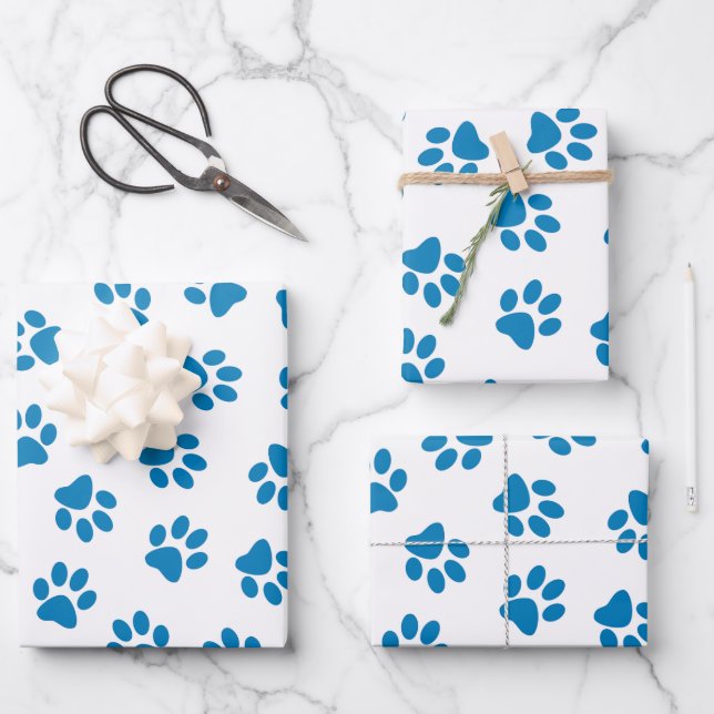Pattern Of Paws, Dog Paws, Blue Paws Wrapping Paper Sheet (Front)