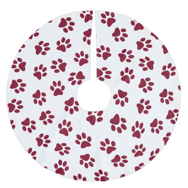 Pattern Of Paws, Dog Paws, Burgundy Paws Brushed Polyester Tree Skirt (Front)