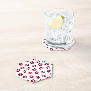 Pattern Of Paws, Dog Paws, Burgundy Paws Paper Coaster