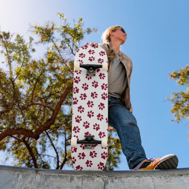 Pattern Of Paws, Dog Paws, Burgundy Paws Skateboard (Outdoor 1)