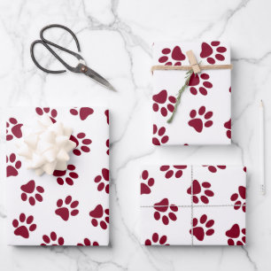 Pattern Of Paws, Dog Paws, Burgundy Paws Wrapping Paper Sheet