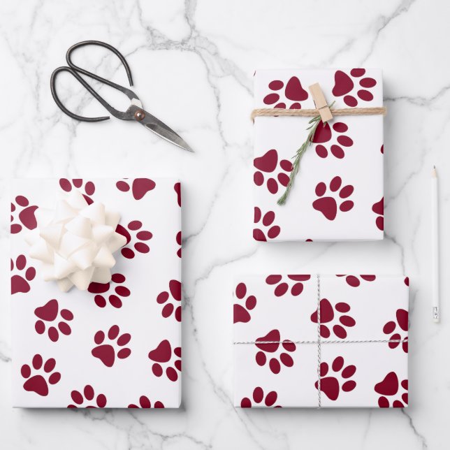 Pattern Of Paws, Dog Paws, Burgundy Paws Wrapping Paper Sheet (Front)