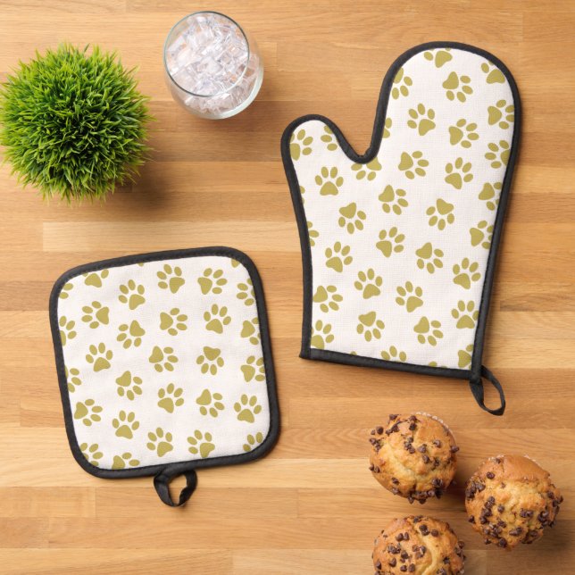 Pattern Of Paws, Dog Paws, Golden Paws Oven Mitt & Pot Holder Set (Top Down)