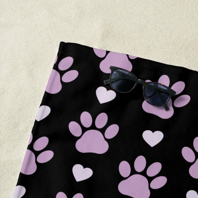 Pattern Of Paws, Dog Paws, Lilac Paws, Hearts Beach Towel (In Situ)