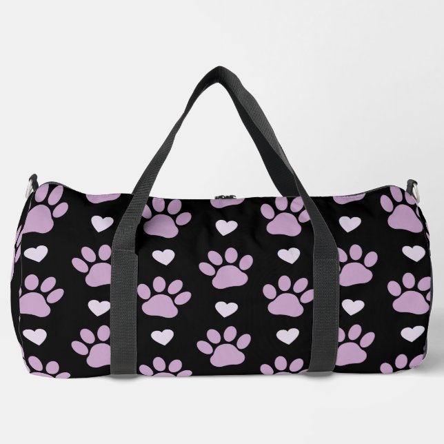 Pattern Of Paws, Dog Paws, Lilac Paws, Hearts Duffle Bag (Front)