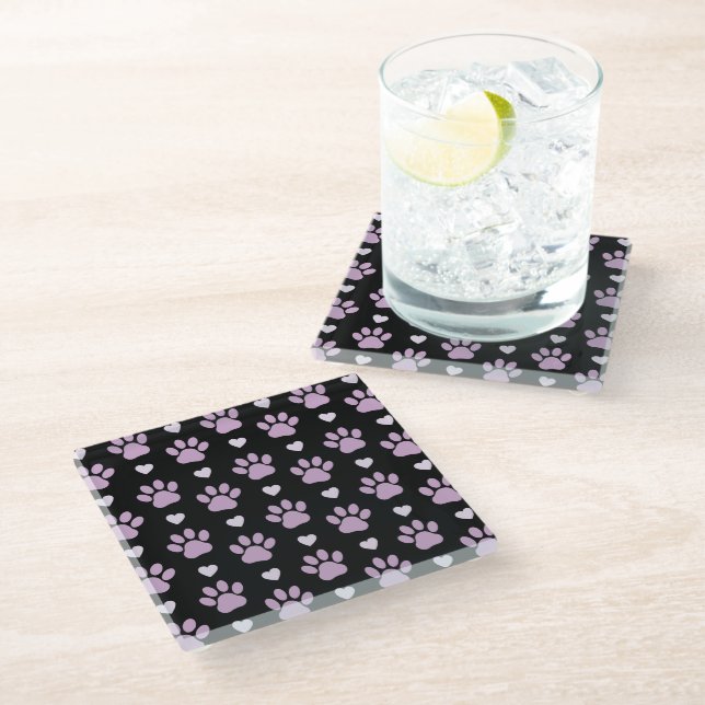 Pattern Of Paws, Dog Paws, Lilac Paws, Hearts Glass Coaster (Angled)