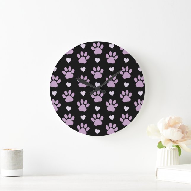 Pattern Of Paws, Dog Paws, Lilac Paws, Hearts Large Clock (Home)