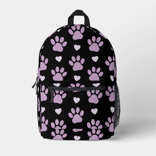 Pattern Of Paws, Dog Paws, Lilac Paws, Hearts Printed Backpack (Front)
