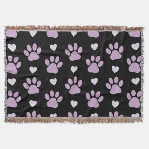 Pattern Of Paws, Dog Paws, Lilac Paws, Hearts Throw Blanket