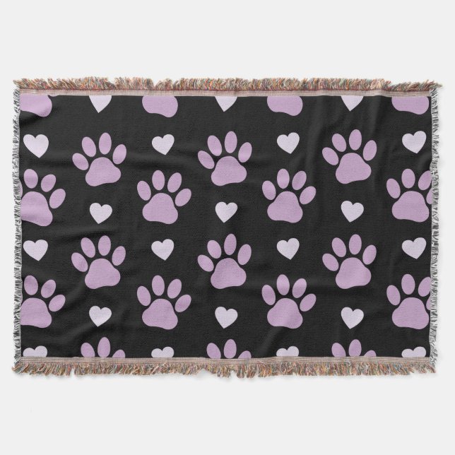 Pattern Of Paws, Dog Paws, Lilac Paws, Hearts Throw Blanket (Front)