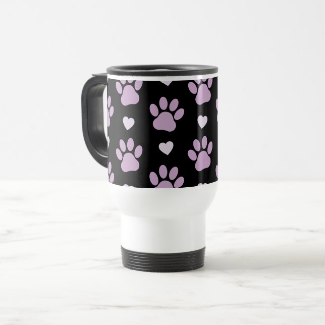 Pattern Of Paws, Dog Paws, Lilac Paws, Hearts Travel Mug (Front Left)