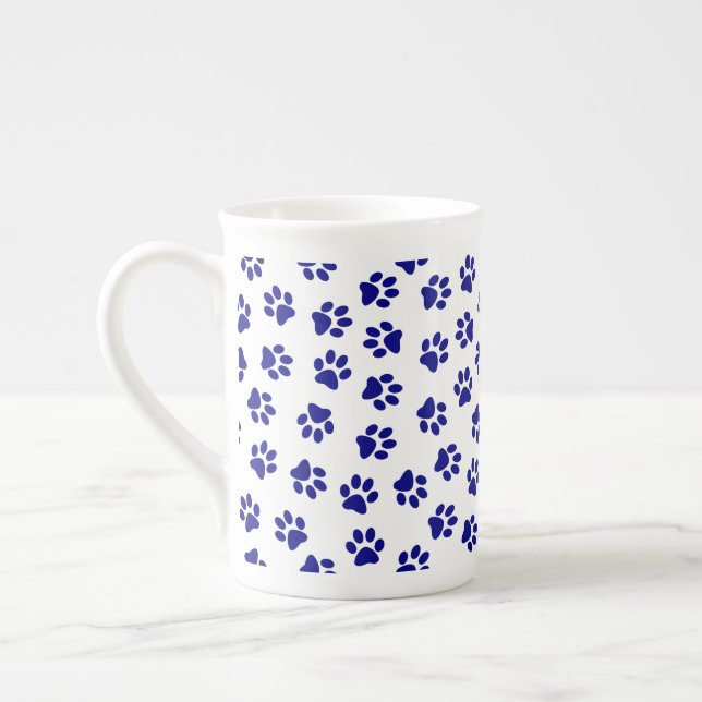 Pattern Of Paws, Dog Paws, Navy Blue Paws Bone China Mug (Left)