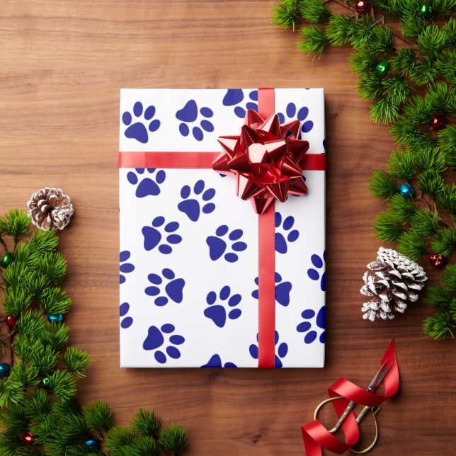 Pattern Of Paws, Dog Paws, Navy Blue Paws Wrapping Paper (Holiday Gift)