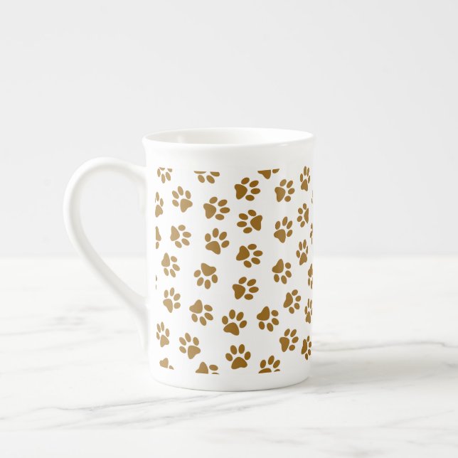 Pattern Of Paws, Dog Paws, Orange Gold Paws Bone China Mug (Left)