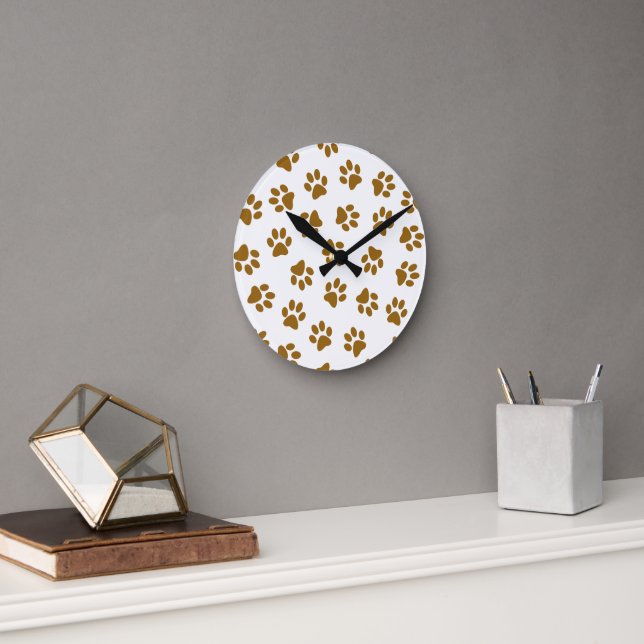 Pattern Of Paws, Dog Paws, Orange Gold Paws Round Clock (Office)