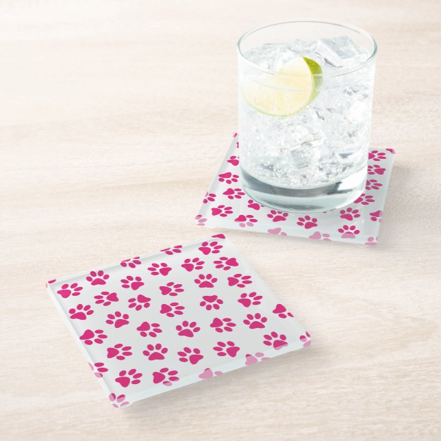 Pattern Of Paws, Dog Paws, Pink Paws Glass Coaster (Angled)