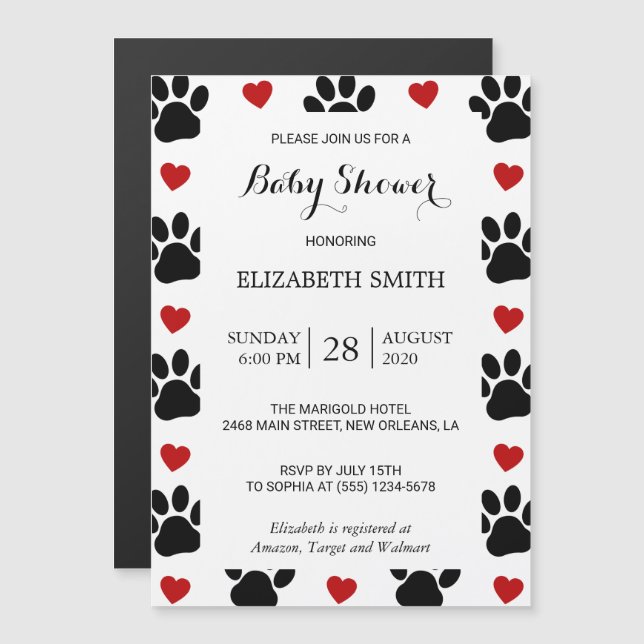 Pattern Of Paws, Dog Paws, Red Hearts, Baby Shower Magnetic Invitation (Front/Back)