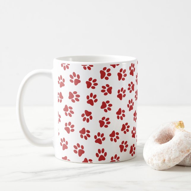 Pattern Of Paws, Dog Paws, Red Paws Coffee Mug (With Donut)