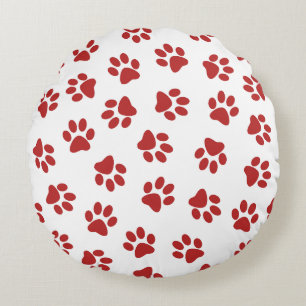 Pattern Of Paws, Dog Paws, Red Paws Round Cushion