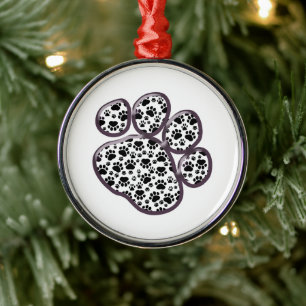 Pattern Of Paws, Dog Paws, Traces - White Black Metal Tree Decoration