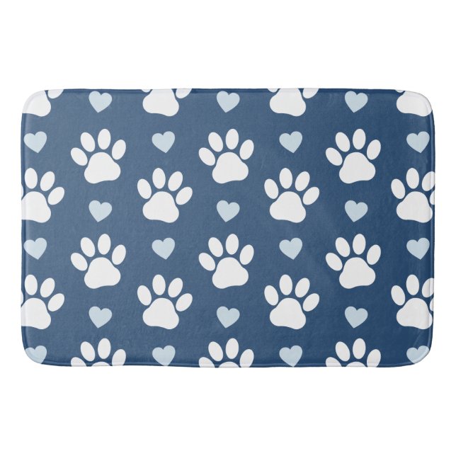 Pattern Of Paws, Dog Paws, White Paws, Blue Hearts Bath Mat (Front)