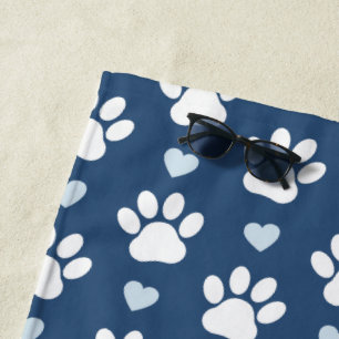 Pattern Of Paws, Dog Paws, White Paws, Blue Hearts Beach Towel