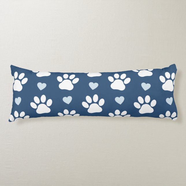 Pattern Of Paws, Dog Paws, White Paws, Blue Hearts Body Cushion (Front)