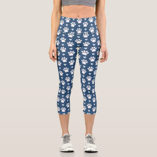 Pattern Of Paws, Dog Paws, White Paws, Blue Hearts Capri Leggings