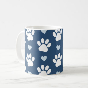 Pattern Of Paws, Dog Paws, White Paws, Blue Hearts Coffee Mug